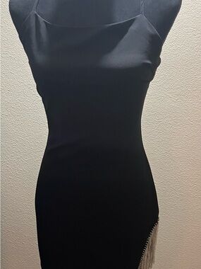 Elegant Fore Black Slip Dress with Side Fringe